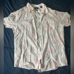 Linen Men's Casual Button-Down Shirt - White and Pink